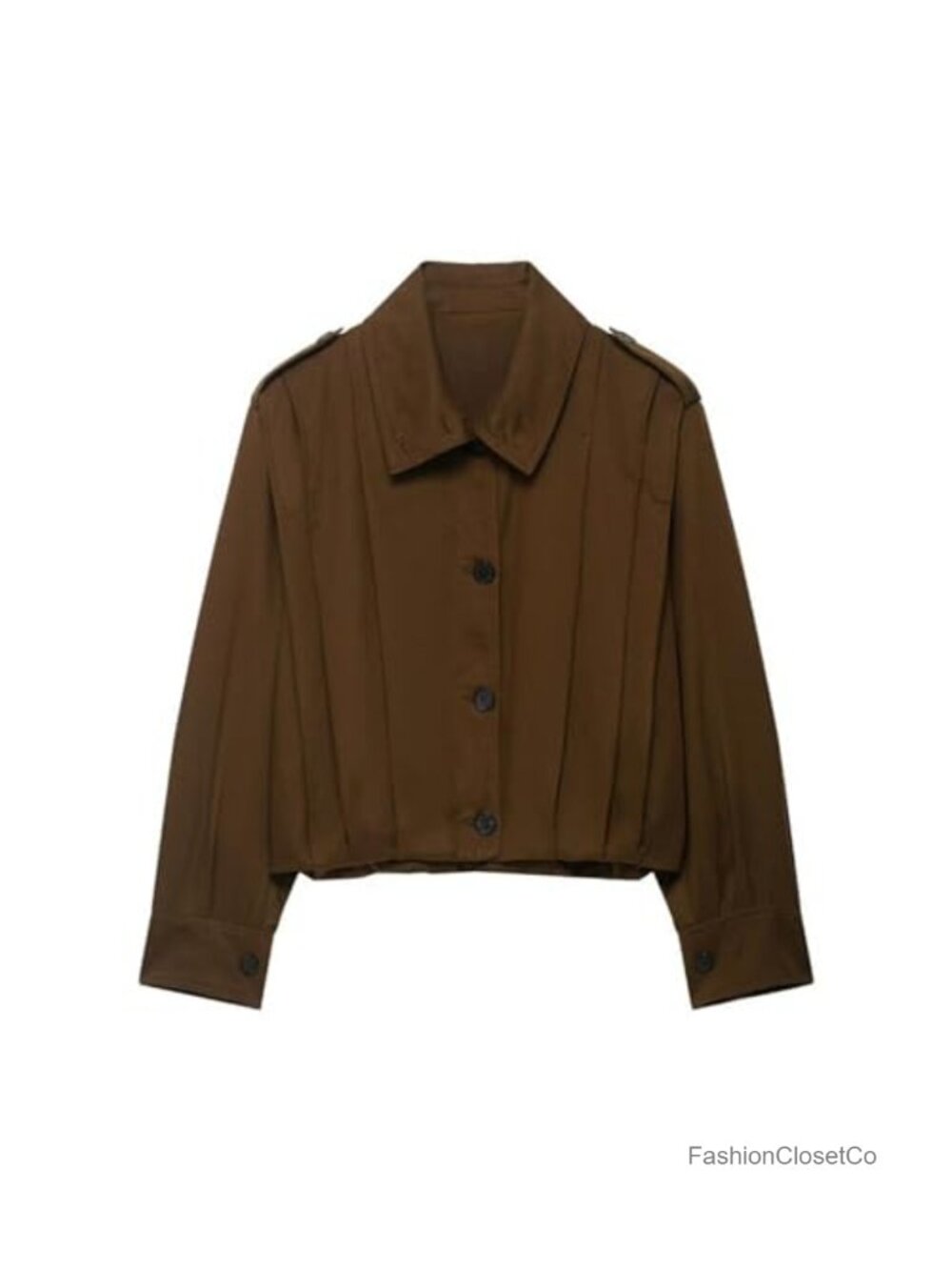 Cropped Pleated Jacket Button Down Long Sleeve Casual Trench Coat